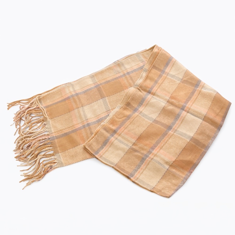 Neutral Plaid Fringe Scarf Wrap Tan Beige Cozy Fall Winter NEW